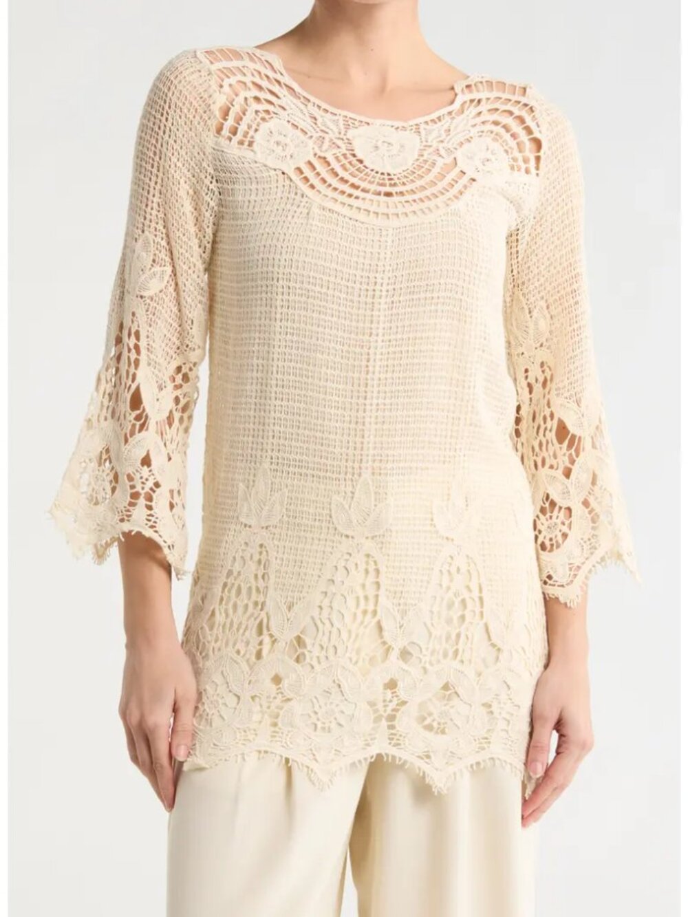 FORGOTTEN GRACE Crochet Lace Top Bell Sleeve White Shabby Chic Open Weave Cotton